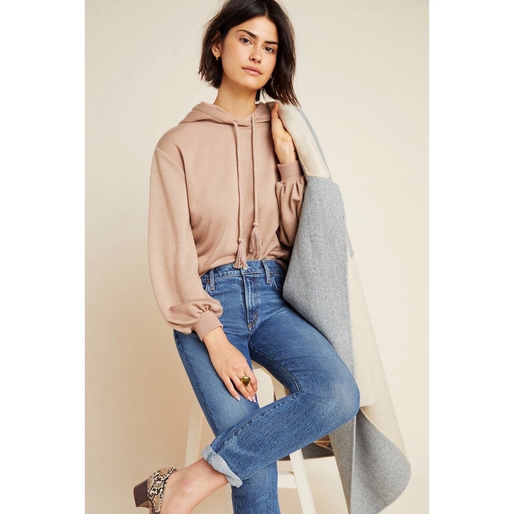 Anthropologie Current Air Women Hoodie Sweater Tan Shimmer Tassel Balloon Sleev